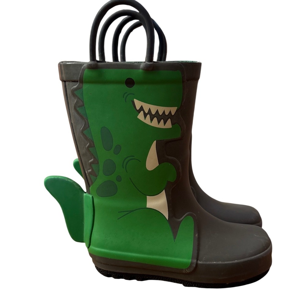 Cat & Jack Dinosaur Rain Boots Boys Green 3D Tail Pull On SIZE 7
